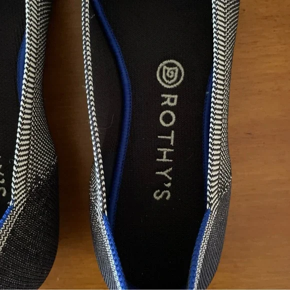 Rothys The Flat Flax Black & White Gray Birdseye Round Toe Ballet Shoes Sz 9.5 - Picture 13 of 14
